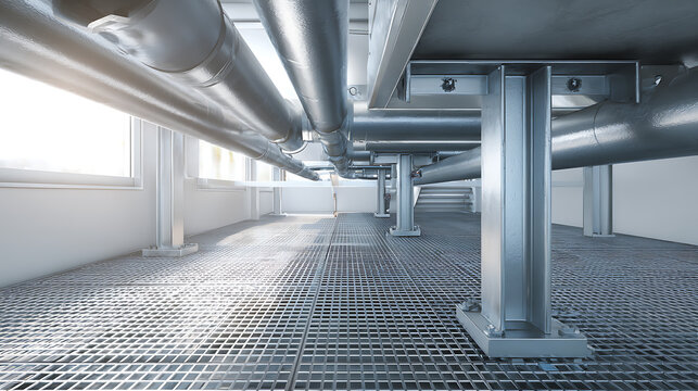Industrial Catwalk with Metal Grate Floor and Overhead Pipes in a Modern Facility, Bright Natural Light Streams Through Windows