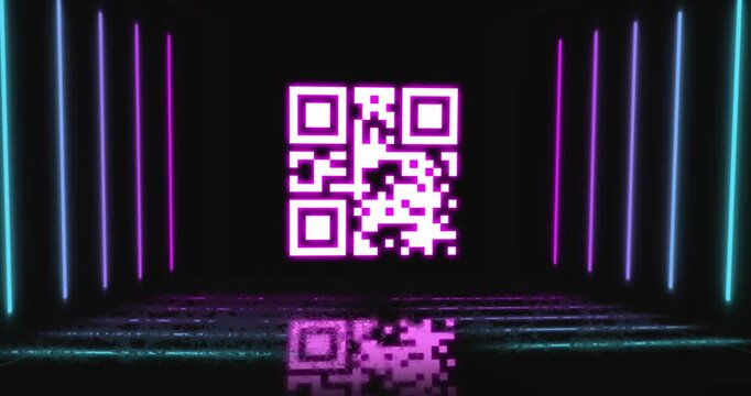 Animation of neon qr code with lines over black background