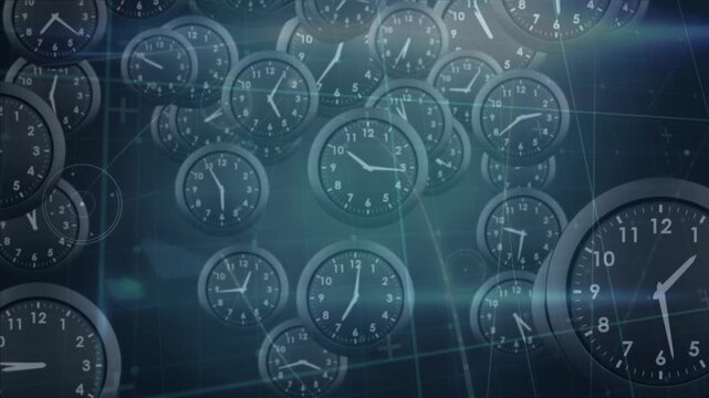 Animation of moving clocks falling over green background