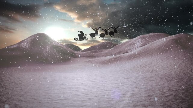 Animation of snow falling over silhouette of santa claus in sleigh with reindeer in winter scenery
