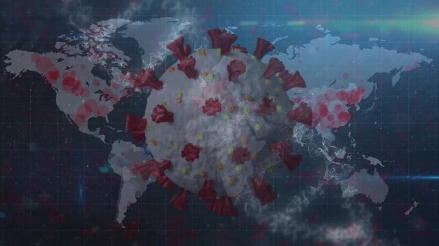 Covid-19 cell and dna structure spinning over world map against blue background