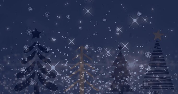 Animation of snow falling over christmas trees in winter scenery