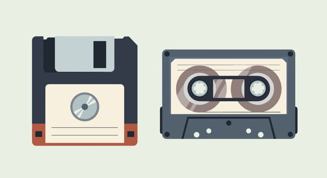 Retro Storage Media: Floppy Disk and Audio Cassette Graphics Nostalgic Tech Icons