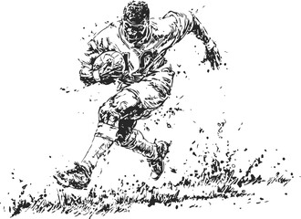 Fototapeta premium Dynamic rugby player sprinting with ball, intense athletic movement in grass field sketch