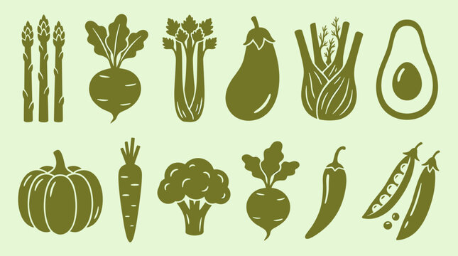 Fresh Garden Harvest: A Collection of Healthy Vegetable Icons in Green Hue