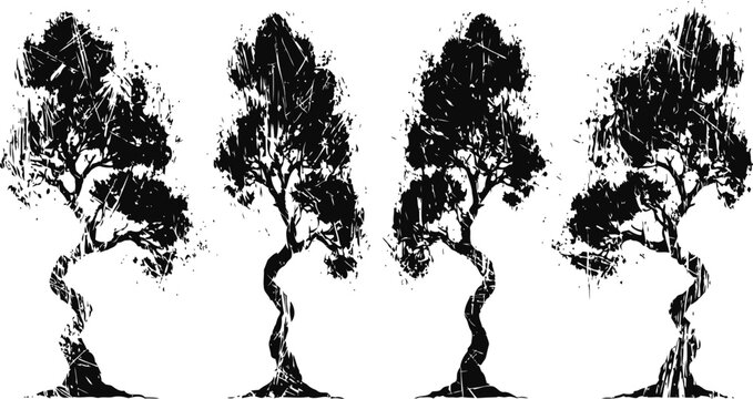 silhouettes of a twisted tree showing seasonal changes from bare branches to full foliage
