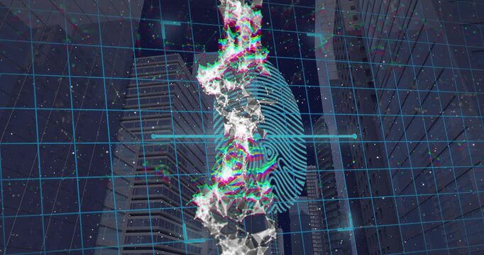 Animation of fingerprint scanning over office buildings