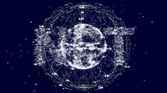 Animation of globe with connections and coordinates on navy background