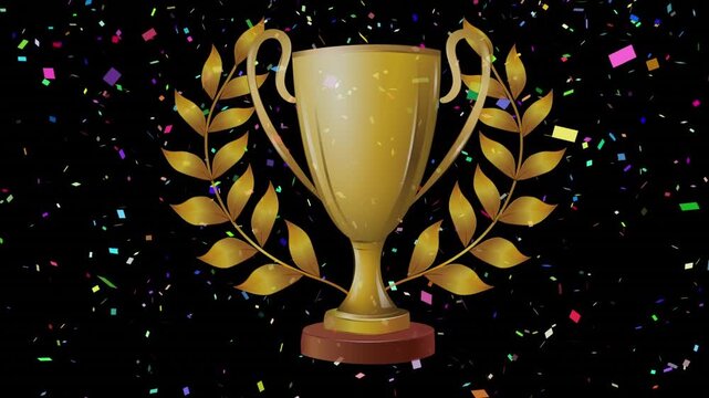 Animation of gold confetti falling over glass of champagne