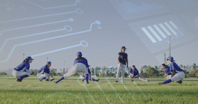 Animation of colourful squares over male rugby players at stadium