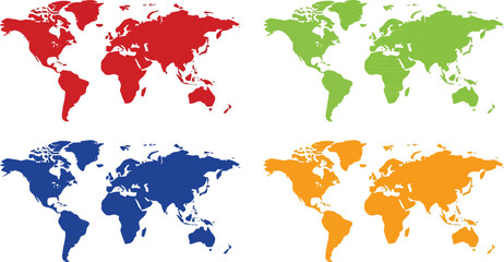Fototapeta premium Four colorful world maps in red, green, blue, and orange on a light grey background.