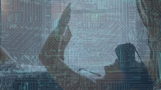 Animation of data processing over digital brain and computer embracing