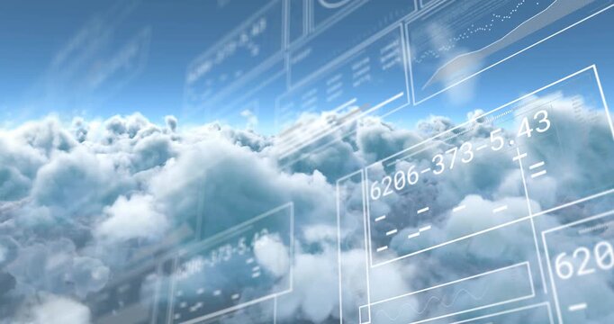 Animation of digital data processing on screens over clouds