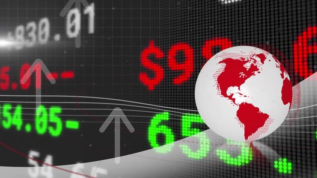 Animation of red line and data processing over globe and grid