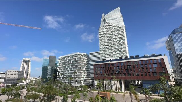 Timelapse video for Casa Finance City. CFC buildings outdoor on a sunny day. Casablanca, Morocco
