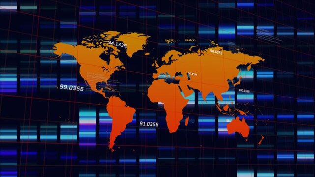 Animation of colourful financial data processing on interface over gold landscape on black