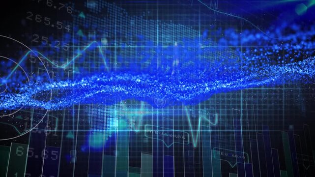 Animation of data processing and binary coding on blue background