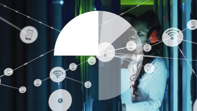 Digital icons and worker illustrate global shipping and connections in a warehouse.