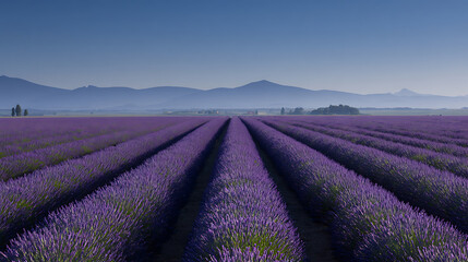 Fototapeta premium Vast Lavender Field Under Clear Blue Sky with Distant Mountains, Serene Rural Landscape, Purple Bloom Horizon in Summer Season