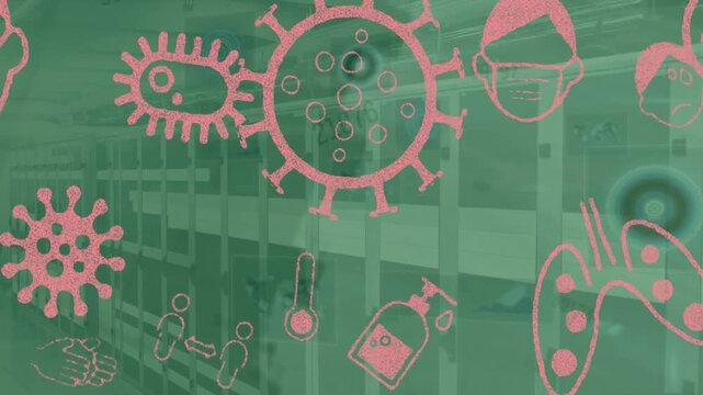 Animation of pandemic icons moving over servers and digital screens