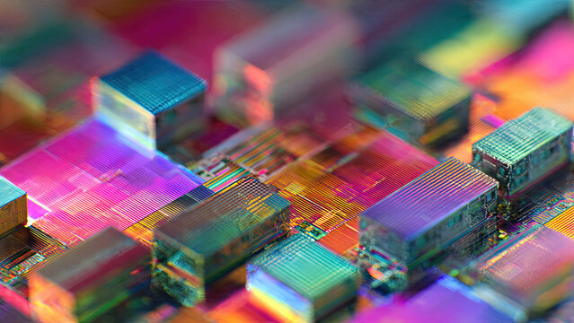 Extreme macro close-up of iridescent semiconductor die chips with vivid rainbow orange blue purple color shifting surface