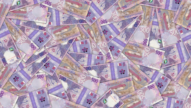 Seamless pattern. Financial illustration. Many scattered qatari 500 riyal banknotes. Obverse and reverse. Money of State of Qatar. Bills of five hundred riyals. Economic texture. Business