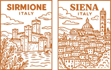 Obraz premium vintage travel posters of sirmione and siena italy vector illustration with medieval castles and historic architecture