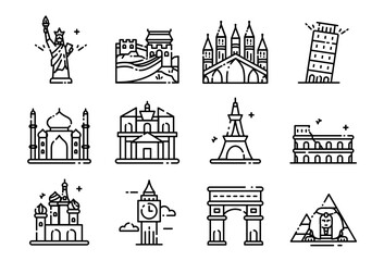 Famous world landmarks and monuments line icon set featuring global travel destinations © ryanbagoez