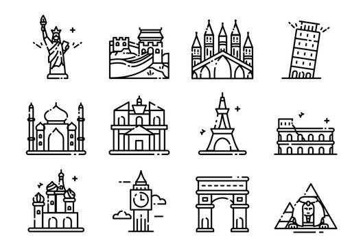 Famous world landmarks and monuments line icon set featuring global travel destinations