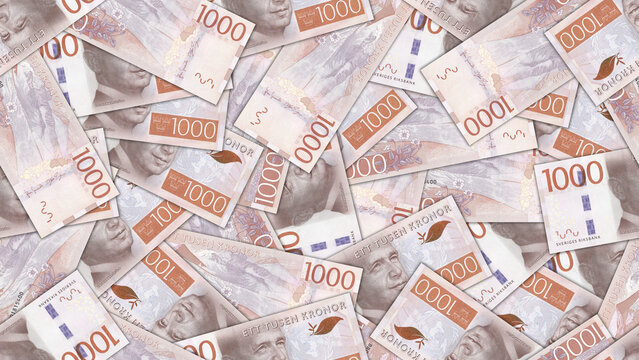 Finance illustration. Seamless pattern. Disorganized scattered banknotes of 1000 kronor, Kingdom of Sweden. Swedish money. Textured background or wallpaper. Obverse and reverse. Bills