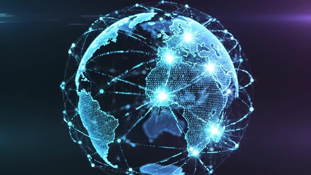 Global neon globe linking digital network across world.