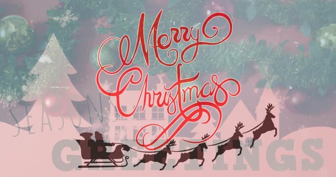 Animation of christmas greetings text over christmas decorations and santa claus in sleigh
