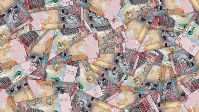 Financial illustration. Seamless pattern. Randomly scattered 10 dinar banknotes, State of Kuwait. Kuwaiti money. Textured background or wallpaper. Obverse and reverse. Denomination, ten dinarы notes