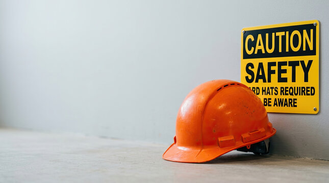 Construction helmet safety sign orange hard hat on floor near wall caution safety hard hats required be aware