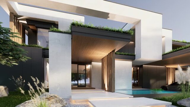4K video rendering of two-story house with parking and pool for sale or rent with concrete facade and beautiful landscaping Clear summer evening with cozy light from window