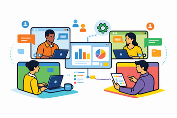 Fototapeta premium Collaborative remote team meeting with data analysis and communication tools