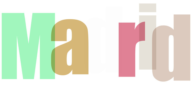 Minimalist typographic art of Madrid city name, colorful overlapping translucent letters, modern graphic design with pastel green and pink tones