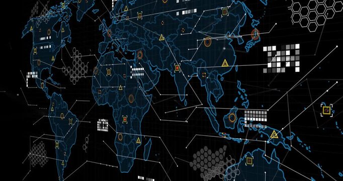 Animation of data processing over world map against black background