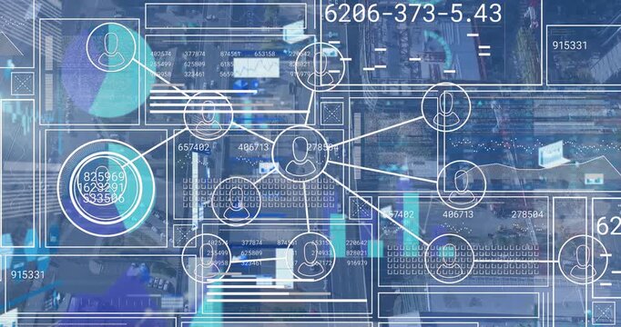 Animation of connected profile icons over graphs, loading square against aerial view of city