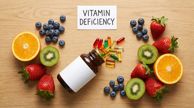 Vitamin deficiency concept flatlay with supplement bottle and fresh fruits educating viewers on the importance of micronutrient intake for optimal daily health