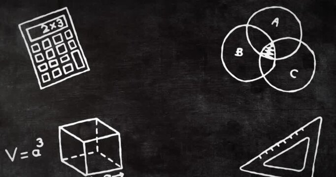 Animation of mathematics concept icons against copy space on black board background