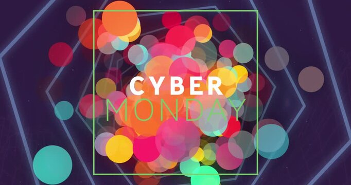 Animation of cyber monday text and lens flares with hexagon shapes