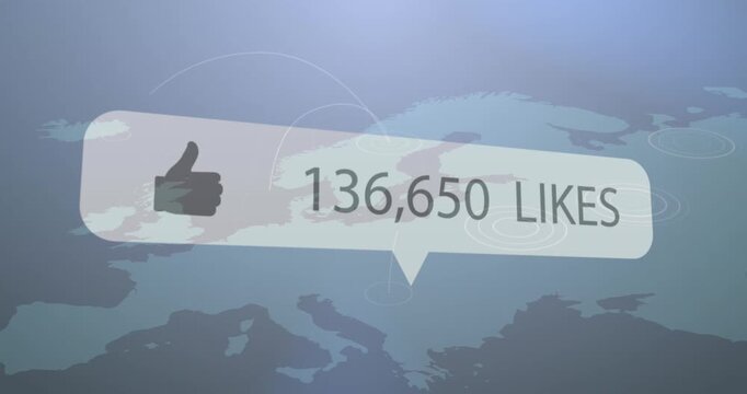 Animation of like icon with increasing numbers on a speech bubble against usa map