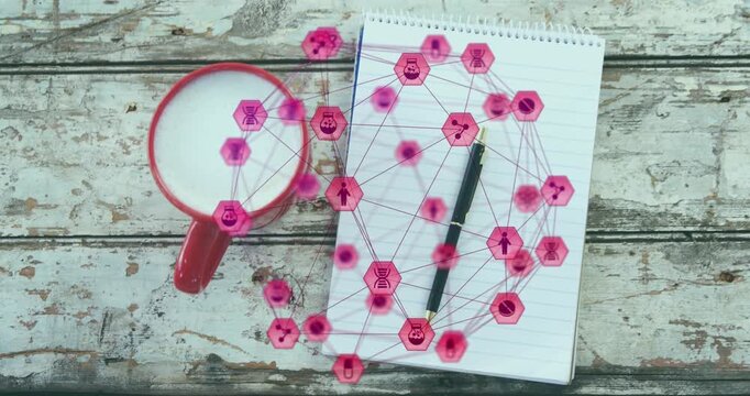 Coffee cup, notepad, and pen with a digital globe animation on a textured background.