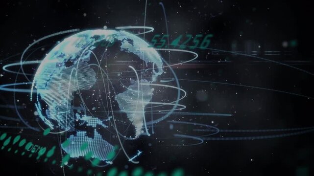Animation of data processing and light trails over spinning globe against black background