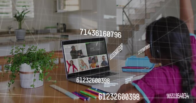 Animation of multiple changing numbers, letters over diverse students group studies on video call