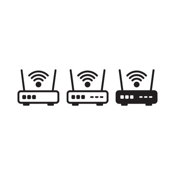 Three black wifi routers with signal waves depicted in a simple style