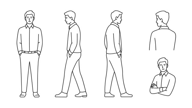 Male Office Character Pose Set &ndash; White Shirt Business Man Multi-Angle Line Illustration