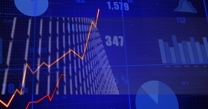 Financial dashboard being animated over skyscraper facade, showing orange line, bar and pie charts