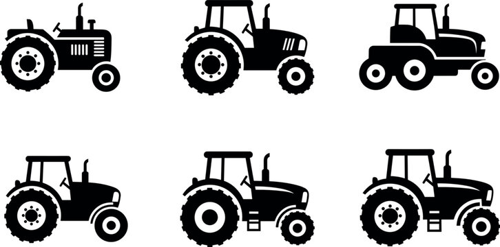 Black and White Tractor Silhouettes Set in Various Styles and Angles for Farming and Agricultural Use